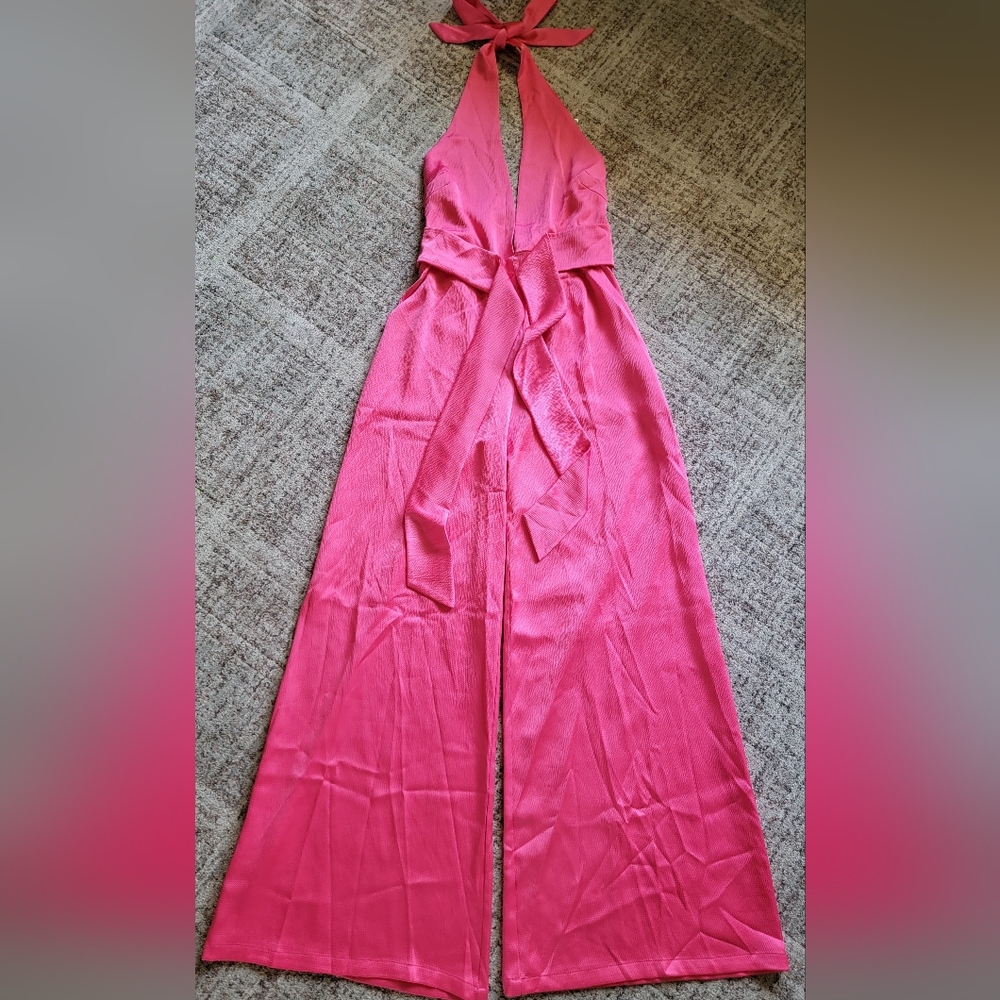 New Nookie Utopia Relaxed Full Length Wide Leg Halter Neck Jumpsuit Pink Pockets - Picture 15 of 15
